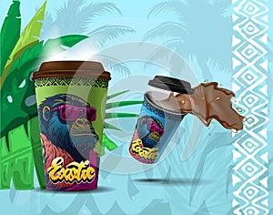 Stylish gorilla on disposable coffee cup on exotic background with ornament