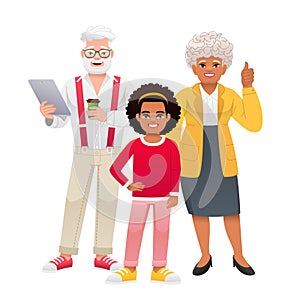 Stylish grandfather with a tablet in his hand and a grandmother are standing together with their granddaughter. Friendly strong