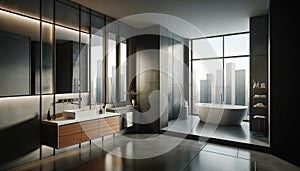 Stylish gray bathroom interior with a modern and sophisticated design. The room features a concrete floor and a large
