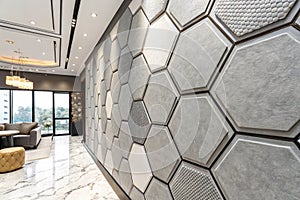 Stylish gray 3D wallpaper with hexagonal and rhombus patterns