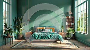 Stylish Green Bedroom Interior with Plants and Sunlight - Urban Home Design