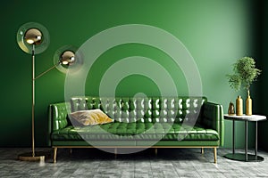 Stylish green leather sofa in the living room. Modern interior design. AI-generated.