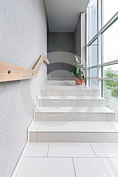 Stylish with green staircase window on white background. Perspective wall. Interior design wall. Modern stylish