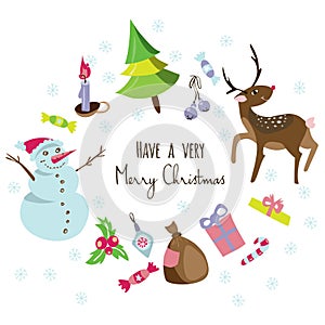 Stylish greeting card background with a christmas tree,snowman,deer,sweets,decorations.