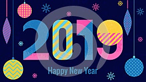 Stylish greeting card. Happy New Year 2019. Trendy geometric font in memphis style of 80s-90s.