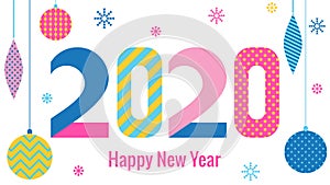 Stylish greeting card. Happy New Year 2020. Trendy geometric font in memphis style of 80s-90s. Digits and abstract christmas balls