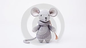 Stylish Grey Crochet Mouse Toy On White Background photo