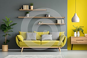 Stylish grey sofa with yellow pillows near green wall with wooden book shelf. Scandinavian interior design