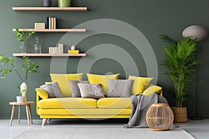 Stylish grey sofa with yellow pillows near green wall with wooden book shelf. Scandinavian interior design