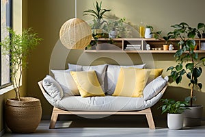 Stylish grey sofa with yellow pillows near green wall with wooden book shelf. Scandinavian interior design of modern living room.