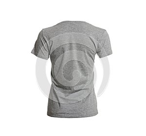 Stylish grey women`s t-shirt isolated on white. Mockup for design