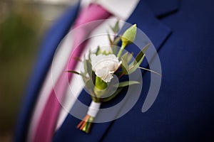 Stylish groom, wearing flower boutonniere,