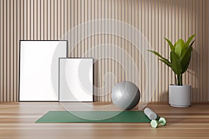 Stylish gym interior with equipment and decoration. Mockup frames