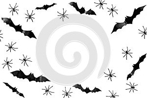 Stylish Halloween design. Bats and spiders on white background top view copy space frame