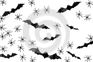 Stylish Halloween design. Bats and spiders on white background top view pattern