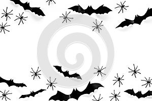 Stylish Halloween design. Bats and spiders on white background top view space for text frame