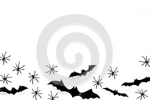 Stylish Halloween design. Bats and spiders on white background top view space for text frame