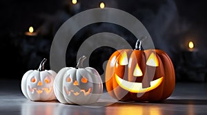 Stylish Halloween pumpkins with spooky festive dark background. Trick or treat decoration concept. Generative AI