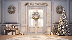 Stylish hallway interior with decorated door and Christmas gifts. ai generative