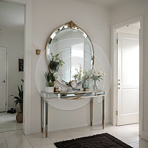 Stylish hallway interior with large mirror