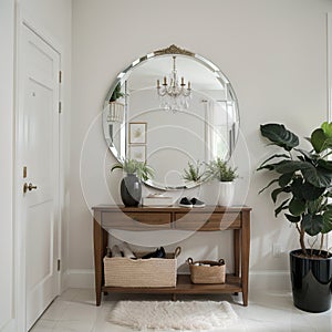 Stylish hallway interior with large mirror