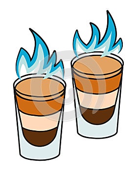 Stylish hand-drawn doodle cartoon hipster style vector illustration. A pair of shot shooter burning B52 cocktails. For