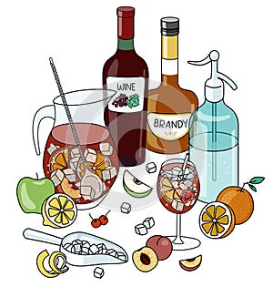 Stylish hand-drawn doodle cartoon style Spanish summer Sangria cocktail composition. A bottle of red wine and brandy