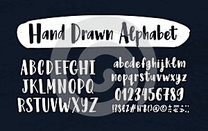 Stylish hand drawn english alphabet. Collection of upper and lower case letters arranged in alphabetical order, figures