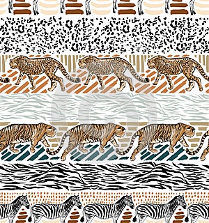 Stylish Hand drawn lind sketch Tiger and Leopard cheetah with animal skin stripe print seamless pattern,Design for fashion ,