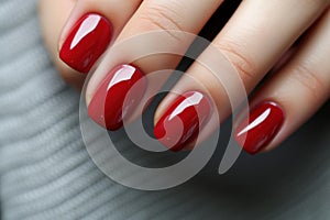 Stylish Hand red manicure nails. Generate Ai