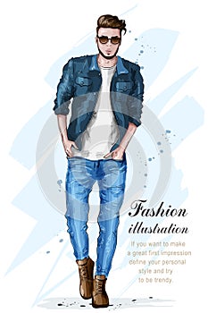 Stylish handsome man in fashion clothes. Fashion man. Hand drawn male model. Sketch. photo