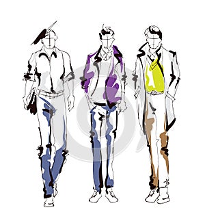 Stylish handsome man in fashion clothes. Fashion man. Hand drawn male models set. Sketches. Handsome stylish man