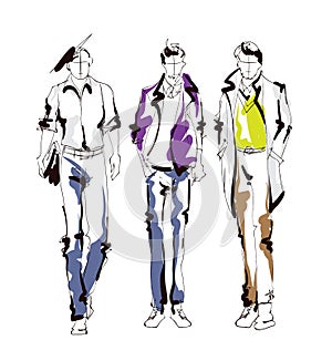 Stylish handsome man in fashion clothes. Fashion man. Hand drawn male models set. Sketches. Handsome stylish man photo