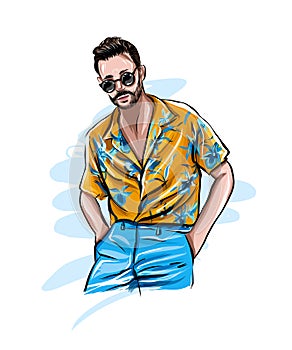 Stylish handsome man in fashion clothes, man in hawaiian shirt, colored drawing, realistic