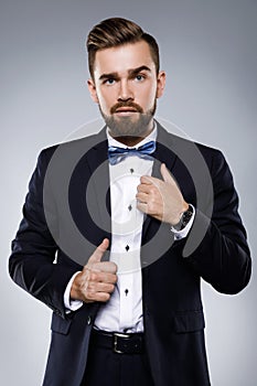 Stylish handsome man wearing a classic suit with bow-tie