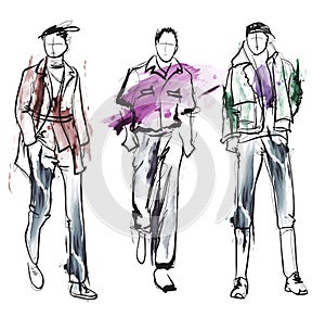 Stylish handsome mans in fashion clothes. Hand drawn beautiful young mens. Stylish mens. Fashion mens sketch. Fashion men model