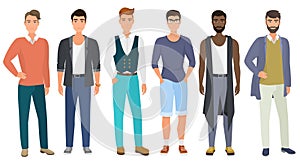 Stylish handsome men dressed in modern casual fashion male style clothes, vector illustration. Cartoon flat vector photo