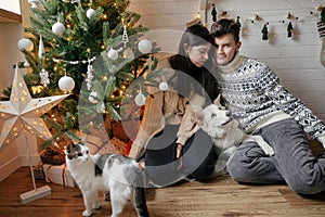 Stylish happy couple with cute dog and cat sitting on background of christmas presents and tree in lights in festive decorated