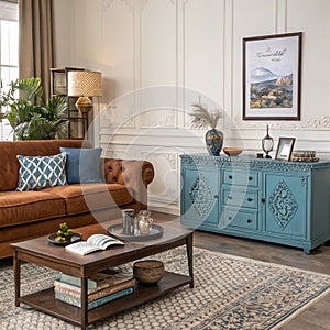 Harmonized living room with brown sofa and blue commode