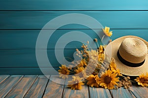Stylish hat flip flops and summer essentials on blue board, best summer image