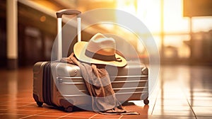 A stylish hat and a vintage suitcase elegantly placed on a tiled floor, hinting at a travelers imminent journey