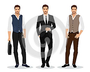 Stylish high detailed graphic businessmen set. Cartoon male characters. Men in fashion clothes. Flat style.