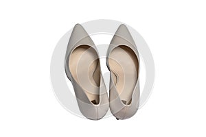 Stylish high heel shoes on white background, Top view. Flat lay