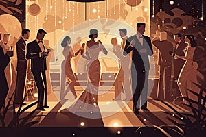 Stylish Hollywood party or wedding. People in chic dresses and tuxedos dance with drinks in their hands