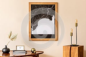 Stylish home decor with elegant home interior accessories and mock up poster frame.