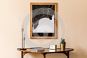 Stylish home decor with elegant home interior accessories and mock up poster frame.