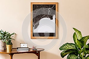 Stylish home decor with elegant home interior accessories and mock up poster frame.