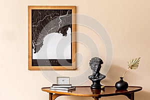 Stylish home decor with elegant home interior accessories and mock up poster frame.