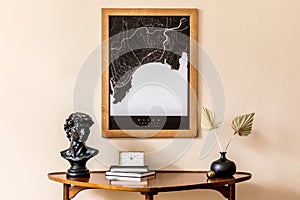 Stylish home decor with elegant home interior accessories and mock up poster frame.