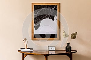 Stylish home decor with elegant home interior accessories and mock up poster frame.